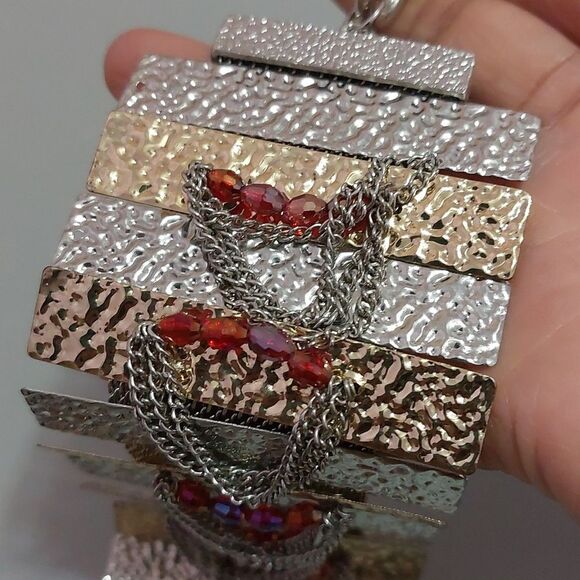 Artisan Mesh Bracelet Hammered Metal Inlay Dangling Chains Beads Toggle Clasp - Picture 6 of 6